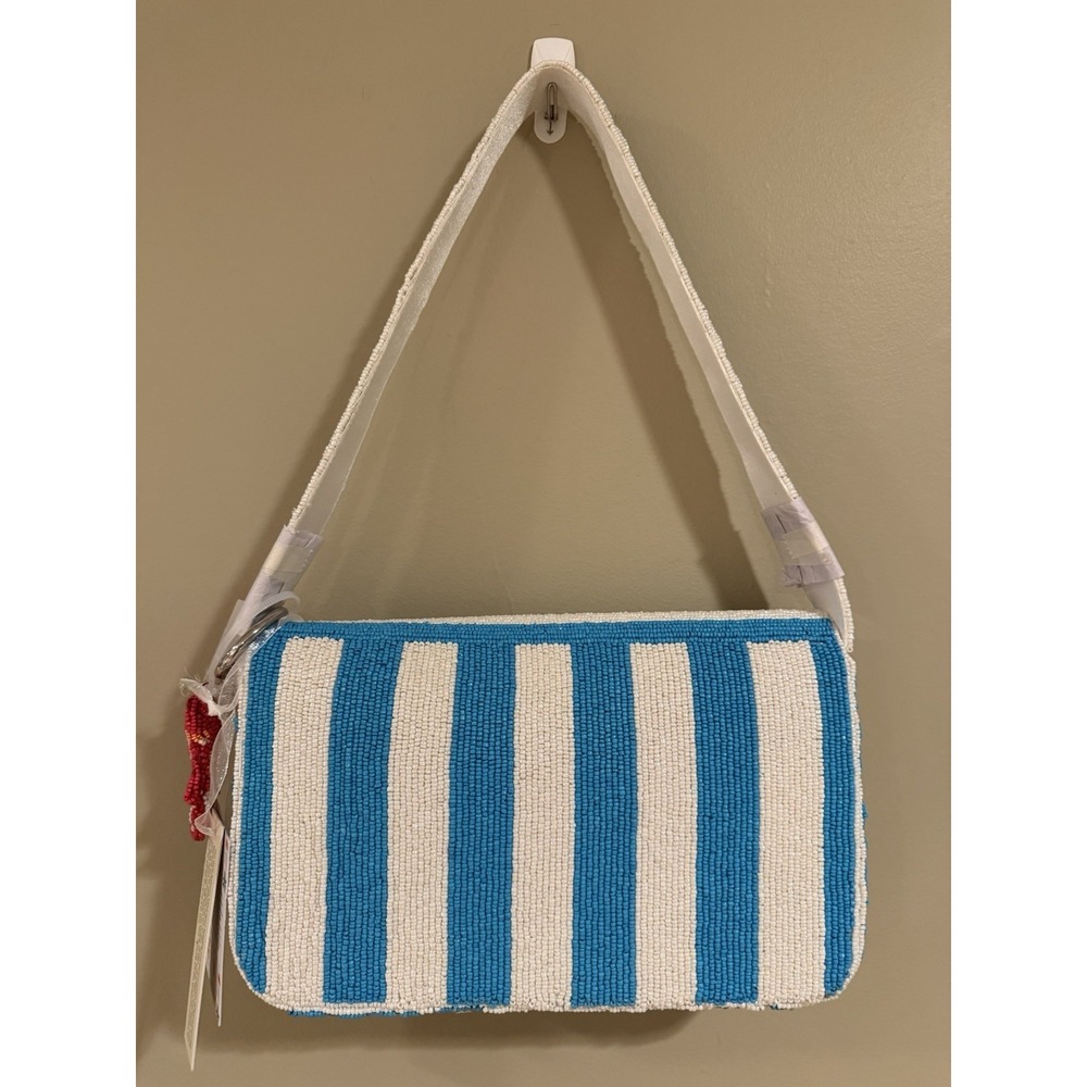Handcrafted In India Beaded Lobster Stripe Bag Blue White Coastal Purse NWT - Picture 4 of 4